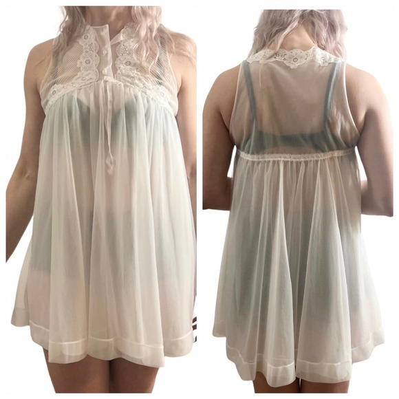 1960’s Mod Sheer White Peignoir Set Robe & Chemise, Small, Vintage Mid Century - Picture 4 of 8